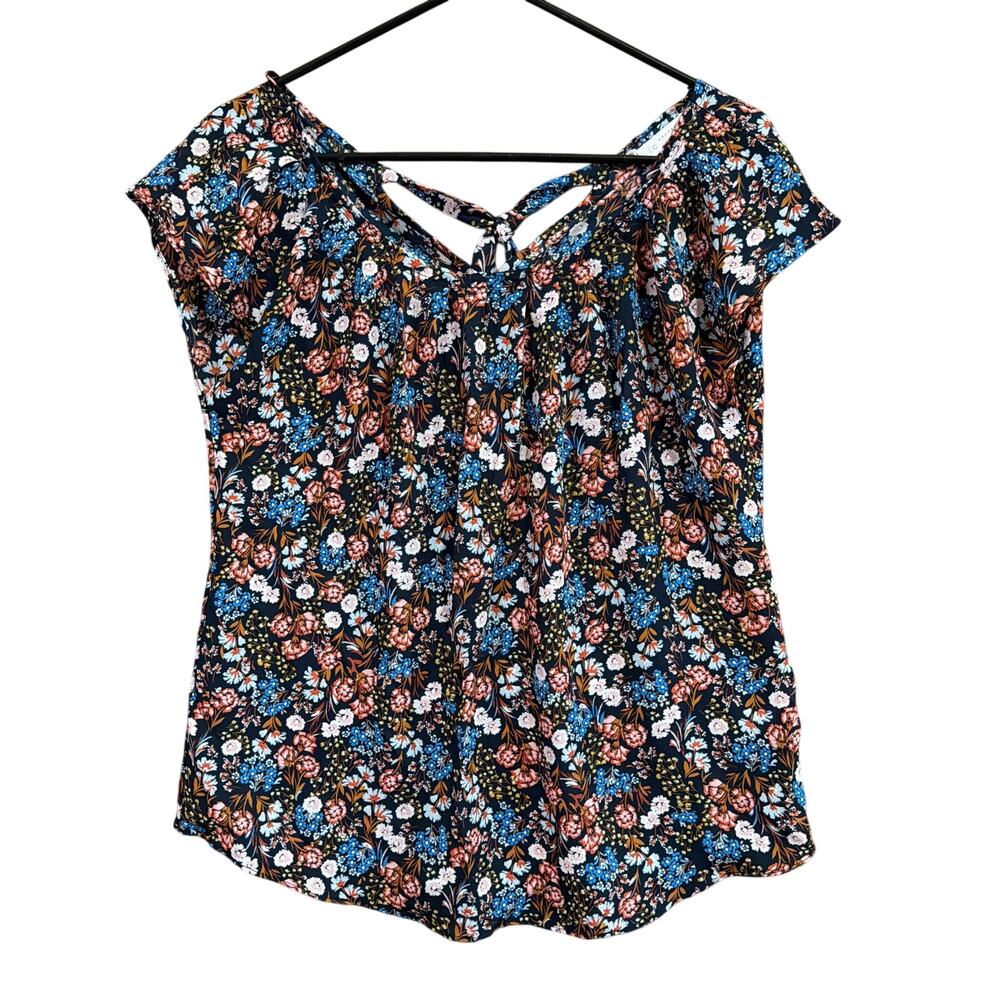 Lauren Conrad Womens Blouse Multi Floral Cap Sleeve Pleated Back Tie Small
